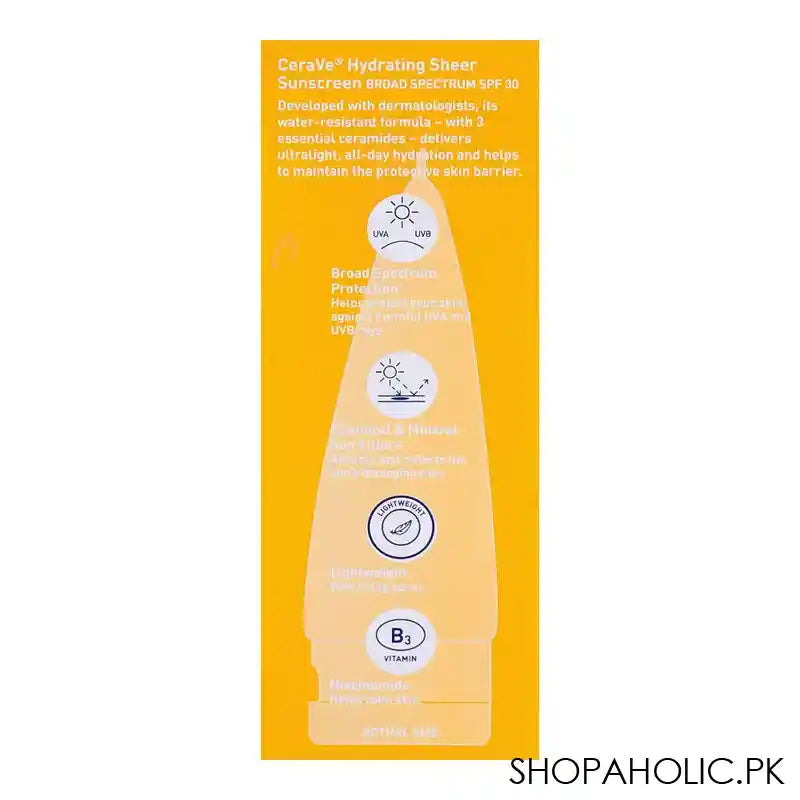 CeraVe Hydrating Sheer Sunscreen Broad Spectrum SPF-30 Face & Body, Suitable For Sensitive Skin, 89ml - Image 3