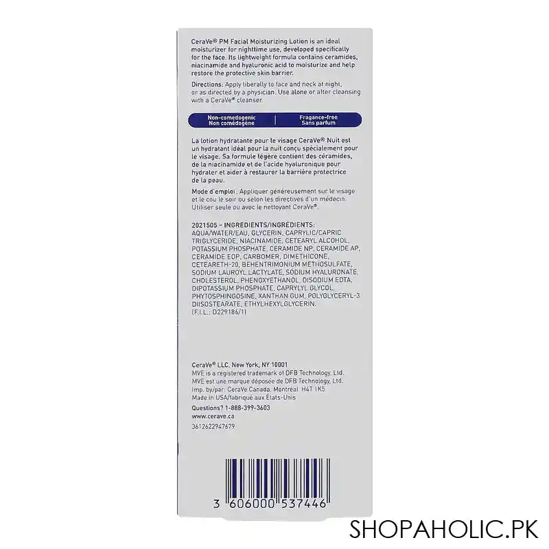 CeraVe PM/Nuit Facial Moisturizing Lotion With Hyaluronic Acid, Ceramides & Niacinamide, Oil-Free, 89ml - Image 2