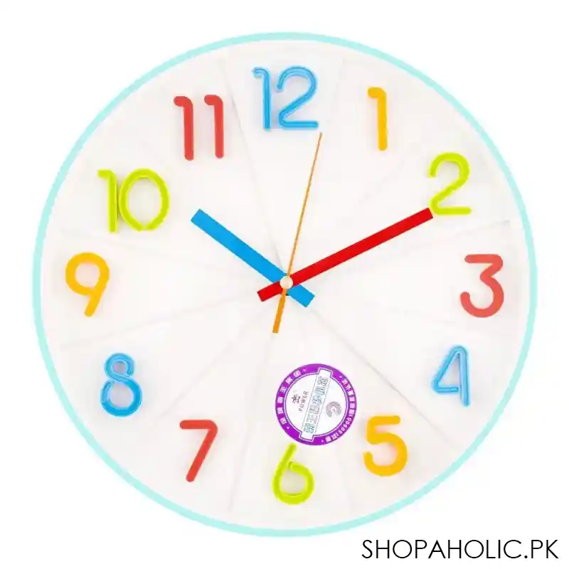 champion wall clock, turqouise round case & white background with colorful digits, ccb 768 main image
