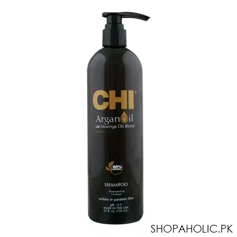 chi argan oil with moringa oil blend 90% natural sulfate & paraben shampoo, for damaged hair, 739ml main image