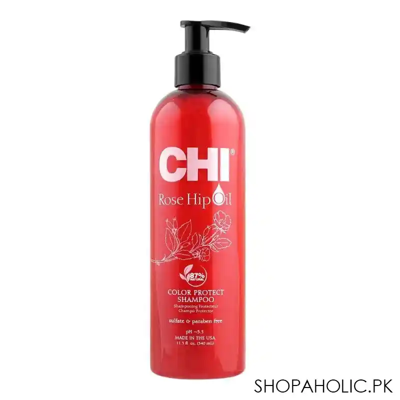 chi rose hip oil 87% natural sulfate & paraben free color protect shampoo, 355ml main image