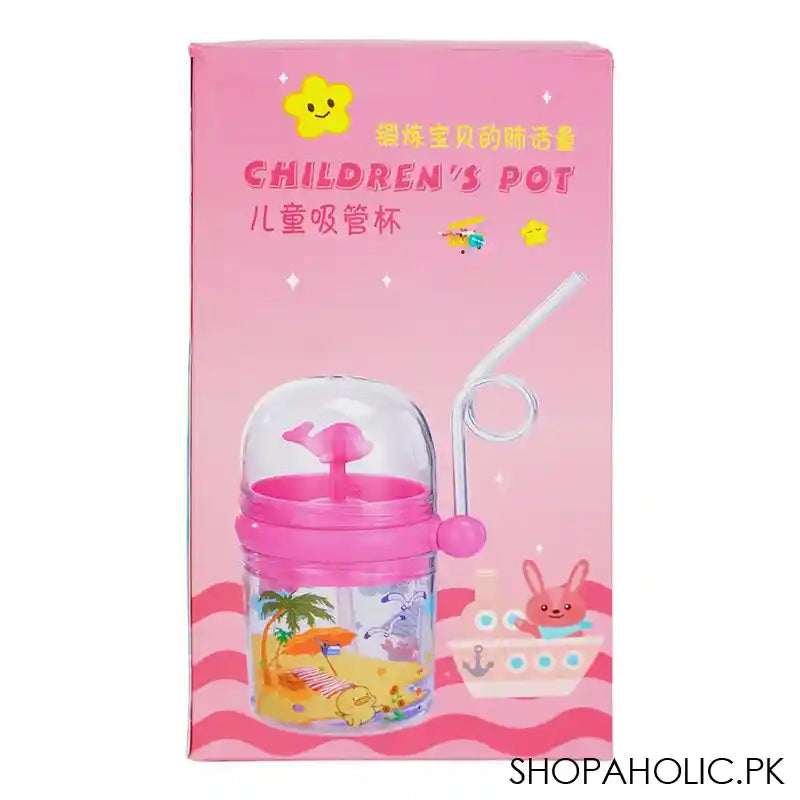 Children's Pot Plastic Water Flask With Fancy Straw For Kids, 250ml, 3.9in (H) x 3in (W), Green - Image 2