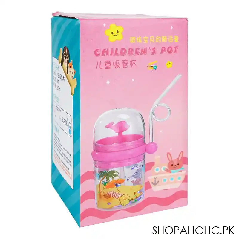 Children's Pot Plastic Water Flask With Fancy Straw For Kids, 250ml, 3.9in (H) x 3in (W), Pink - Image 2
