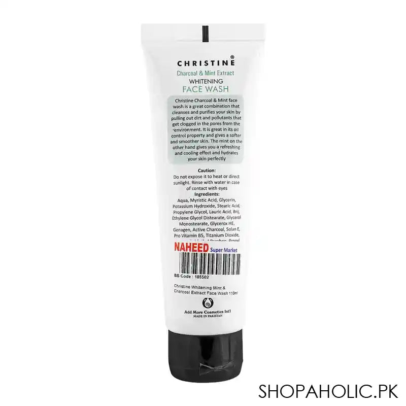 Christine Whitening Mint & Charcoal Extract Face Wash, Soothing & Cooling Effect, 110ml - Image 2
