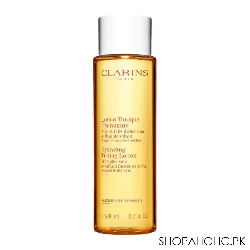 clarins paris hydrating toning lotion, with aloe vera & saffron flower extracts, normal to dry skin, 200ml main image