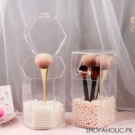 clear acrylic makeup brush holder dustproof organizer storage case with pearls image2