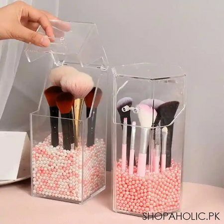 clear acrylic makeup brush holder dustproof organizer storage case with pearls image3