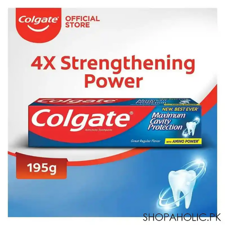colgate maximum cavity protection amino power toothpaste, great regular flavour, 195g main image