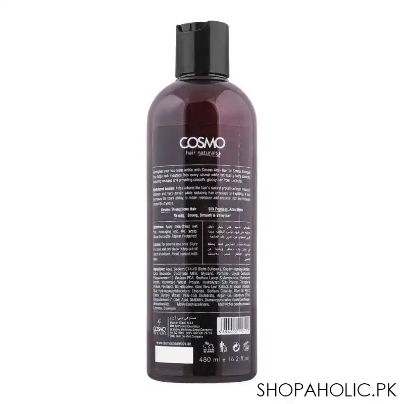 cosmo hair naturals anti hair fall keratin shampoo, reduces hair breakage, softens hairs, 480ml image2