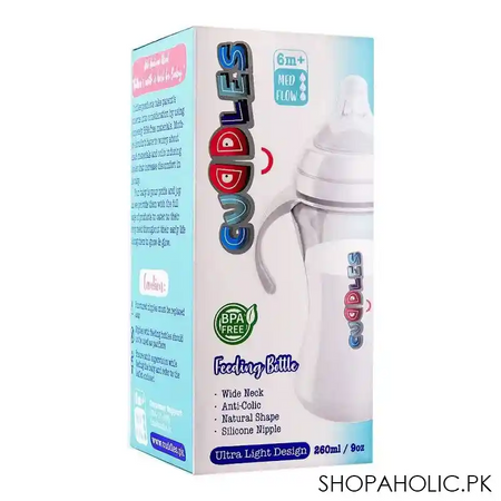 cuddles anti colic ultra light design wide neck feeding bottle, 6m+, medium flow, 260ml main image