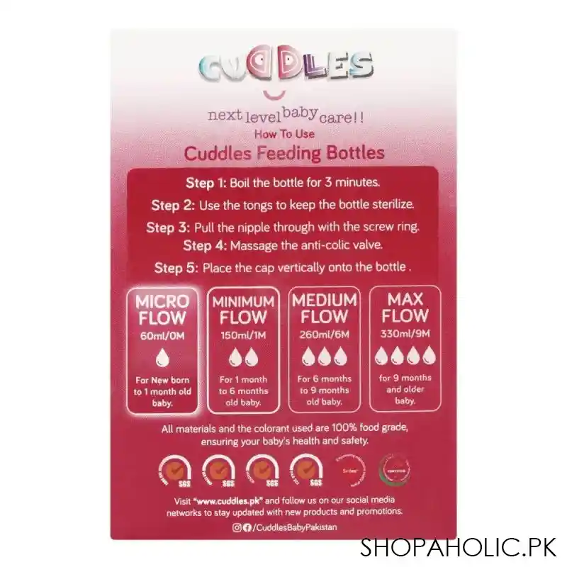 cuddles wide neck anti colic feeding bottle, 0m+, pink, 60ml image3