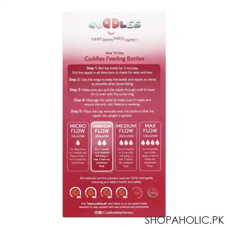 cuddles wide neck anti colic feeding bottle, 1m+, pink, 150ml image3