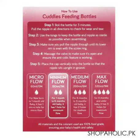 cuddles wide neck anti colic feeding bottle, 1m+, pink, 150ml image5