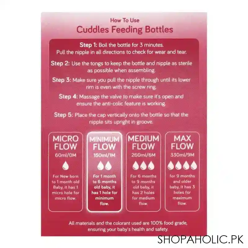 cuddles wide neck anti colic feeding bottle, 1m+, pink, 150ml image5