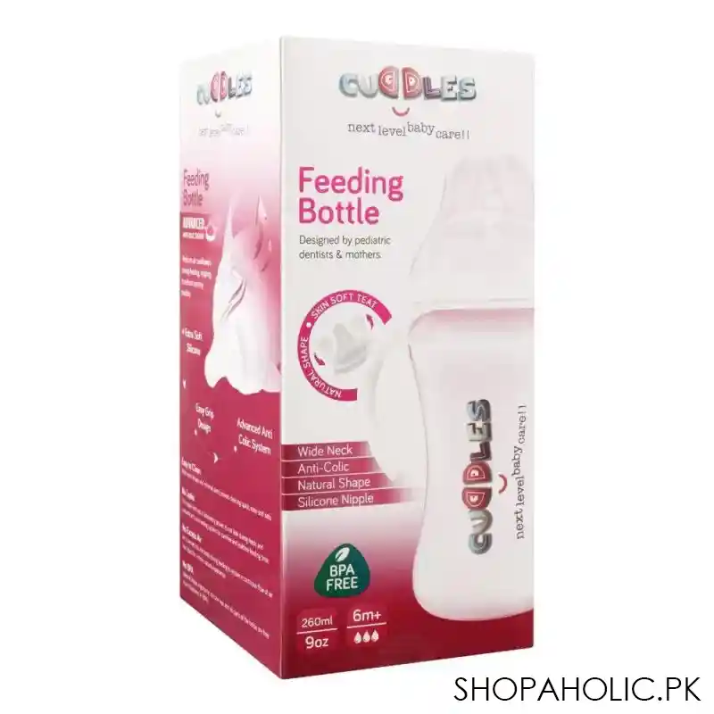 cuddles wide neck anti colic feeding bottle, 6m+, pink, 260ml image2