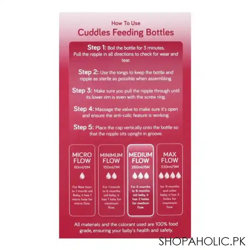 cuddles wide neck anti colic feeding bottle, 6m+, pink, 260ml image5