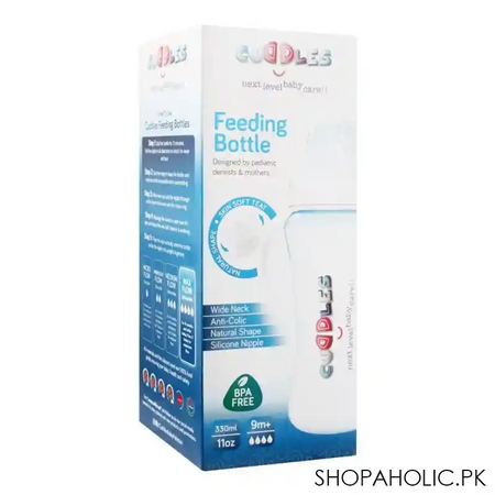 cuddles wide neck anti colic feeding bottle, 9m+, blue, 330ml image2