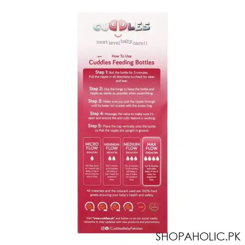 cuddles wide neck anti colic feeding bottle, 9m+, pink, 330ml image3