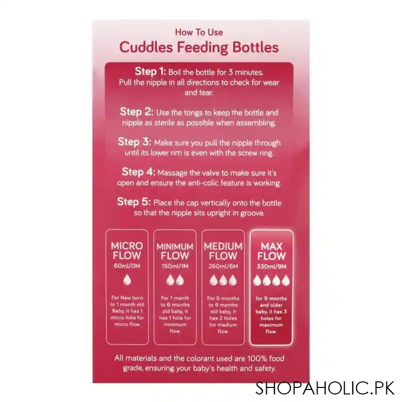 cuddles wide neck anti colic feeding bottle, 9m+, pink, 330ml image5