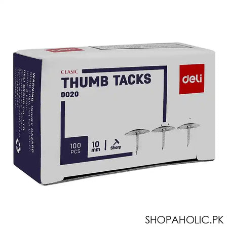 Deli 10mm Sharp Nickel Plated Thumb Tacks Box, 100 Pieces, E0020 - Main Image