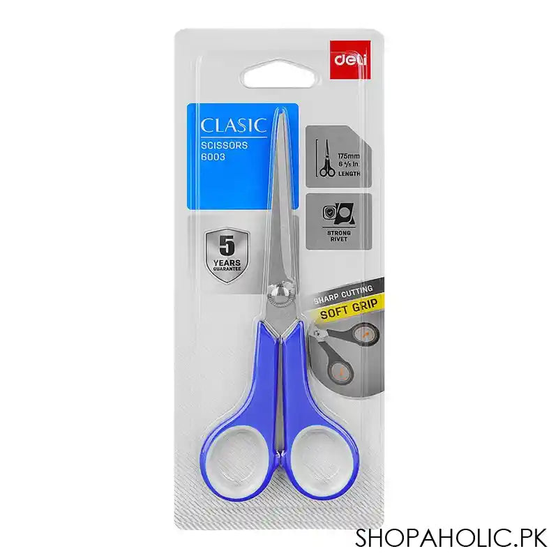 Deli 6.5''Inch Metal Office Scissor, 175mm Length, Soft grip, Sharp Cutting, Blue, E6003 - Main Image