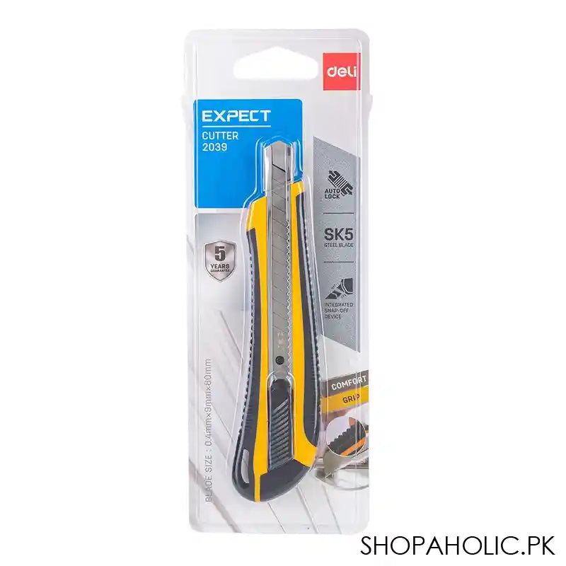 Deli Cutter, Auto Lock, SK5 Steel Blade, Blade Size 0.44mm X 9mm X 80mm, Small, Yellow, E2039 - Image 4