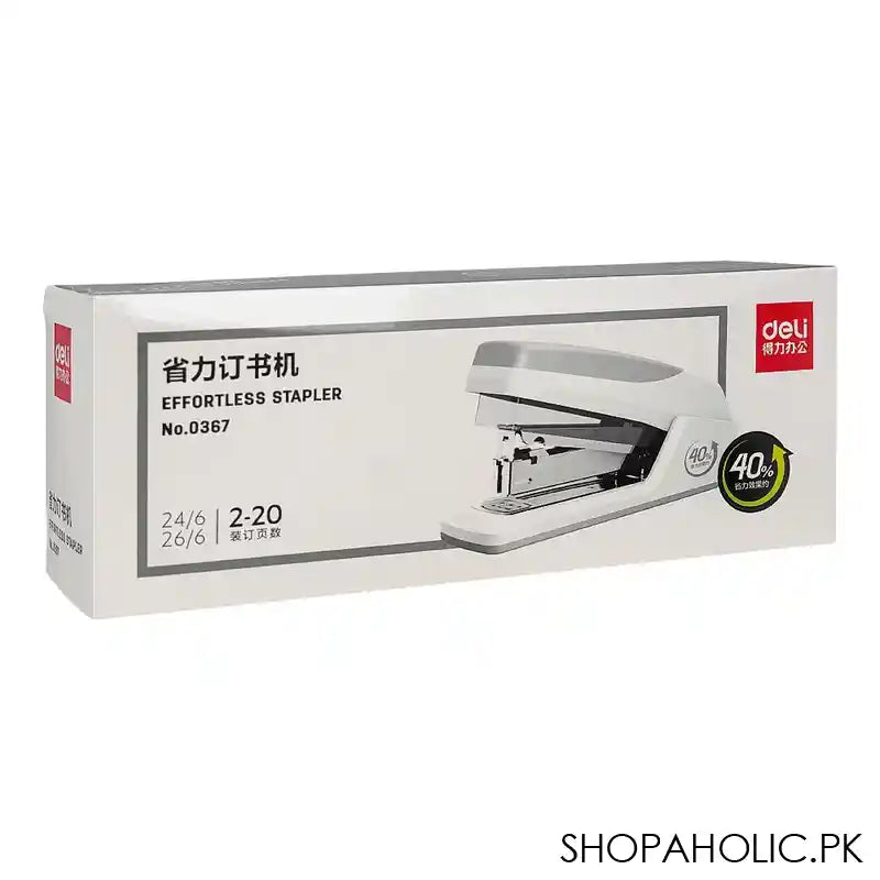 Deli Effortless Stapler, 24/6 & 26/6 Staples, 150 Staple Capacity, 20 Sheet Limit, White, E0367 - Image 5