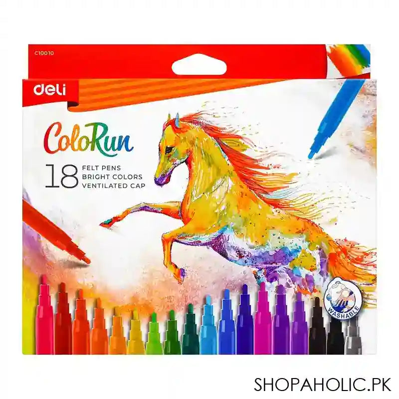 Deli Felt Pens With Ventilated Cap, Washable Ink, 18 Assorted Bright Color Markers, For 3+ Children's, EC10010 - Main Image