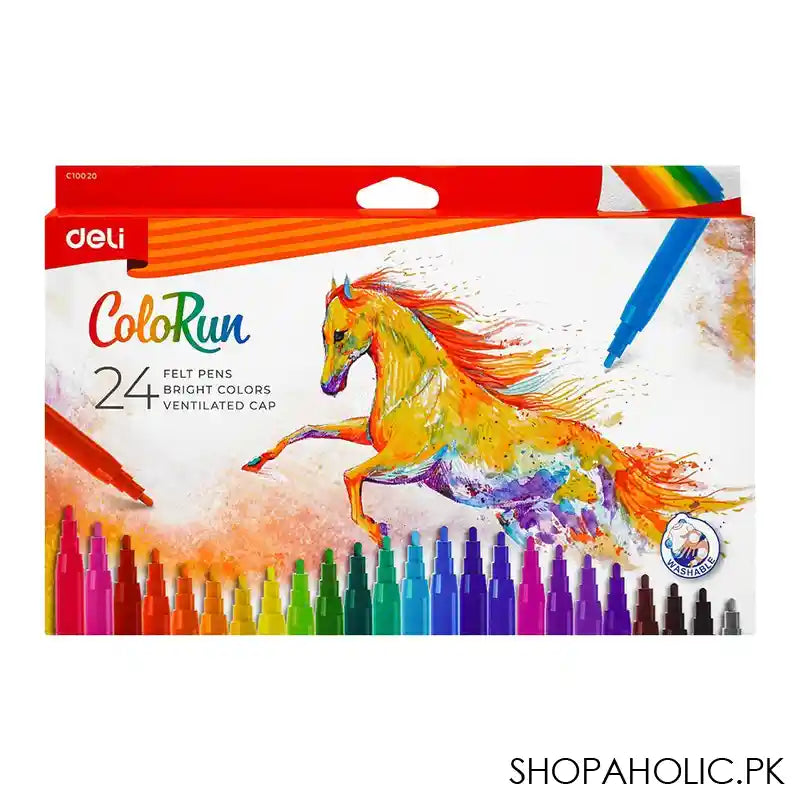 Deli Felt Pens With Ventilated Cap, Washable Ink, 24 Assorted Bright Color Markers, For 3+ Children's, EC10020 - Main Image