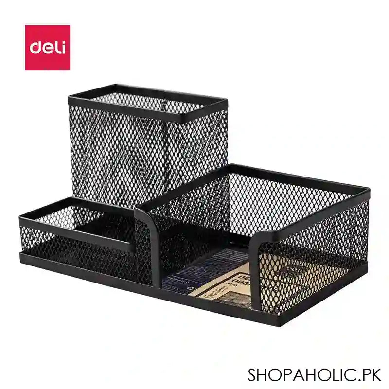 Deli Mesh Metal Desk Organizer With Three Compartments, Multi-Purpose Use, 215X75X53mm, Black, E9175 - Main Image
