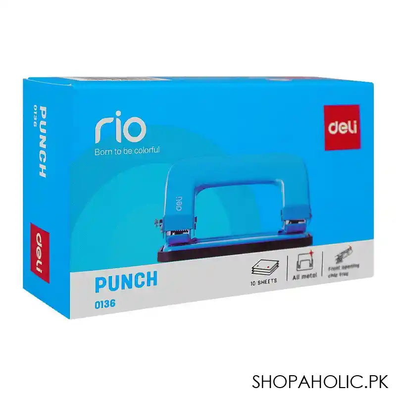 Deli Metal Hole Punch Machine With Lock, 5.5mm Hole Size, 12mm Depth, 80mm Gap, 10 Sheet Limit, Small, Blue, E0136 - Image 2