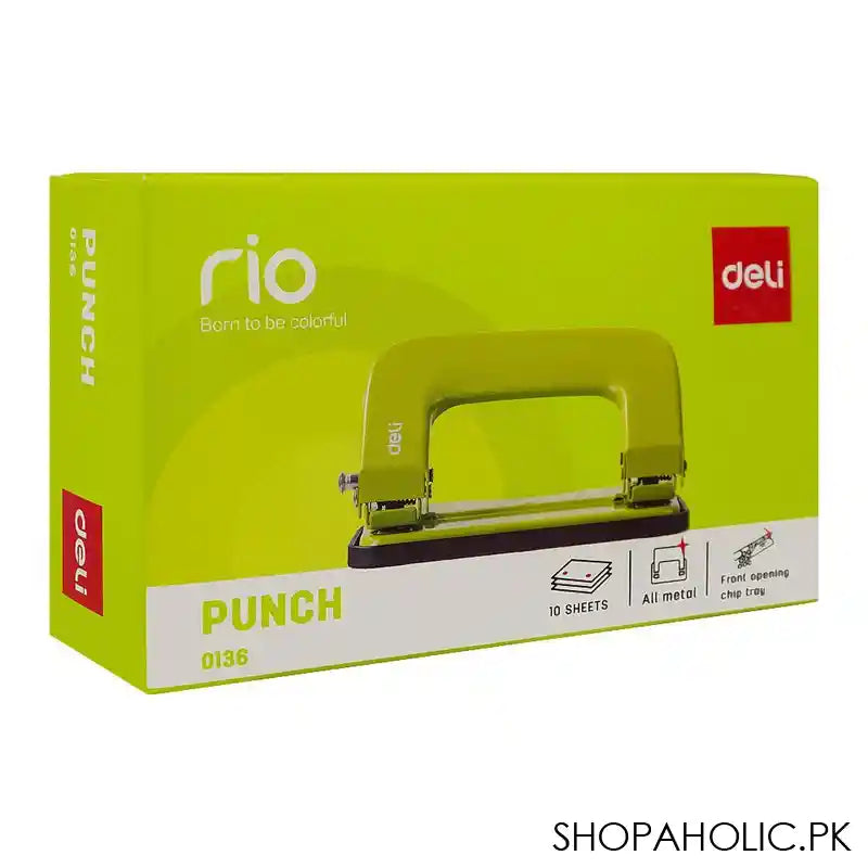Deli Metal Hole Punch Machine With Lock, 5.5mm Hole Size, 12mm Depth, 80mm Gap, 10 Sheet Limit, Small, Green, E0136 - Image 3