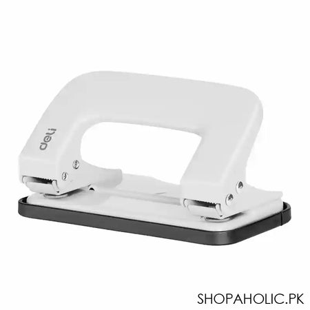 Deli Metal Hole Punch Machine With Lock, 5.5mm Hole Size, 12mm Depth, 80mm Gap, 10 Sheet Limit, Small, White, E0136 - Main Image