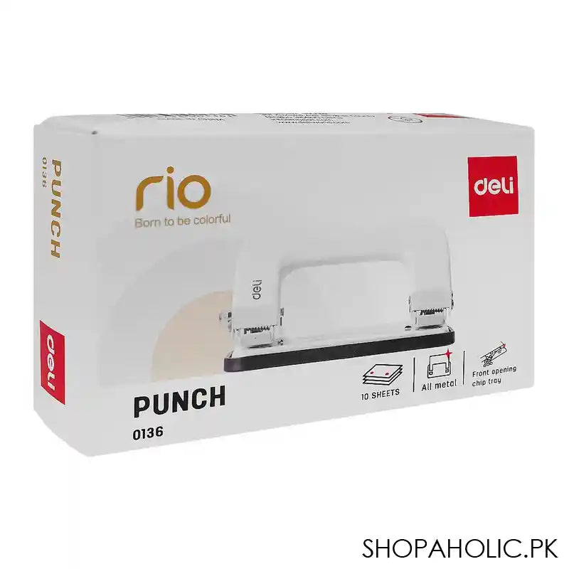 Deli Metal Hole Punch Machine With Lock, 5.5mm Hole Size, 12mm Depth, 80mm Gap, 10 Sheet Limit, Small, White, E0136 - Image 3