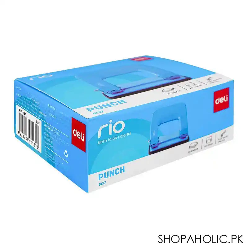 Deli Metal Hole Punch Machine With Lock, 5.5mm Hole Size, 12mm Depth, 80mm Gap, 20 Sheet Limit, Medium, Blue, E0137 - Image 4