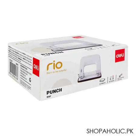 Deli Metal Hole Punch Machine With Lock, 5.5mm Hole Size, 12mm Depth, 80mm Gap, 20 Sheet Limit, Medium, White, E0137 - Image 3