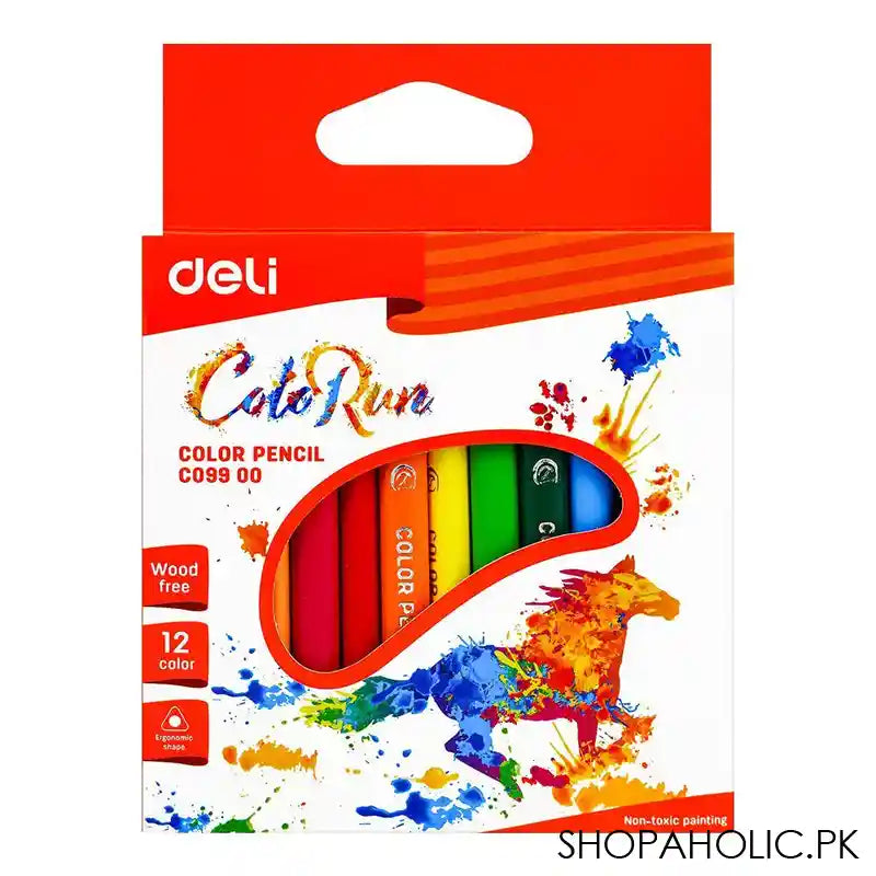 Deli Plastic Color Pencils, Non Toxic Painting, 2.8mm Leads, Wood Free, 12 Assorted Colors, For 3+ Children's, EC09900 - Main Image