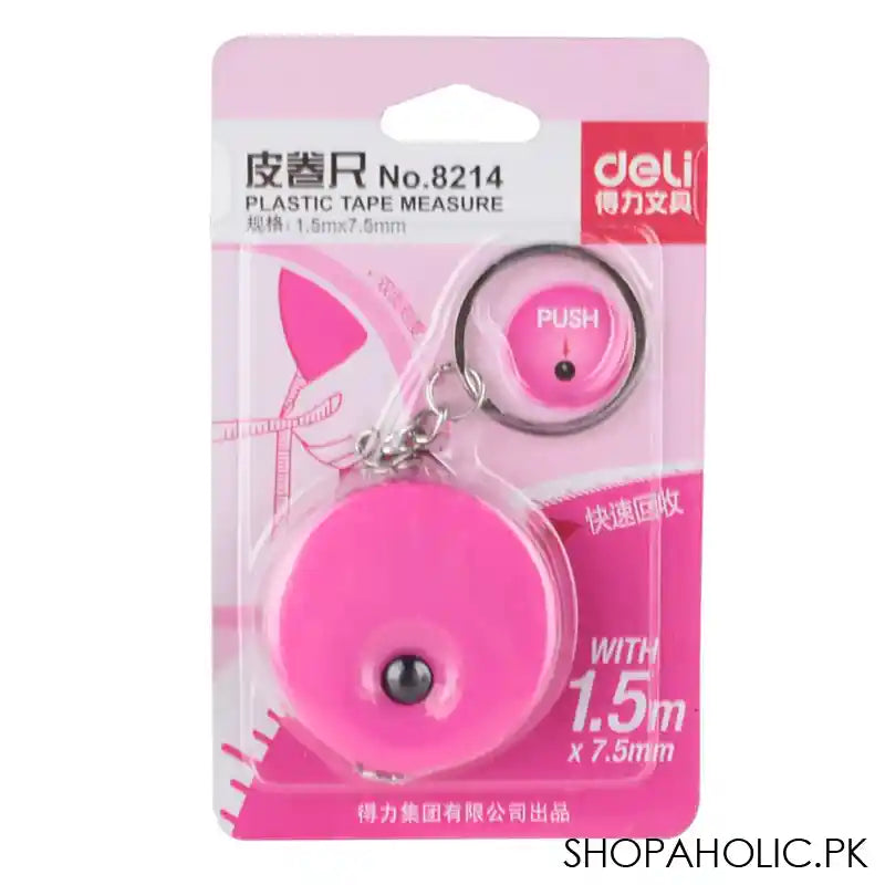 Deli Plastic Measure Tape With Key Chain, 1.5m X 7.5mm, Pink, E8214 - Main Image