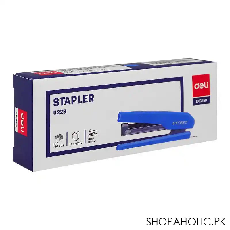 Deli Stapler With Metal Pull Bar, No. 10 Staples, 50 Staple Capacity, 15 Sheet Limit, Blue, E0229 - Image 2