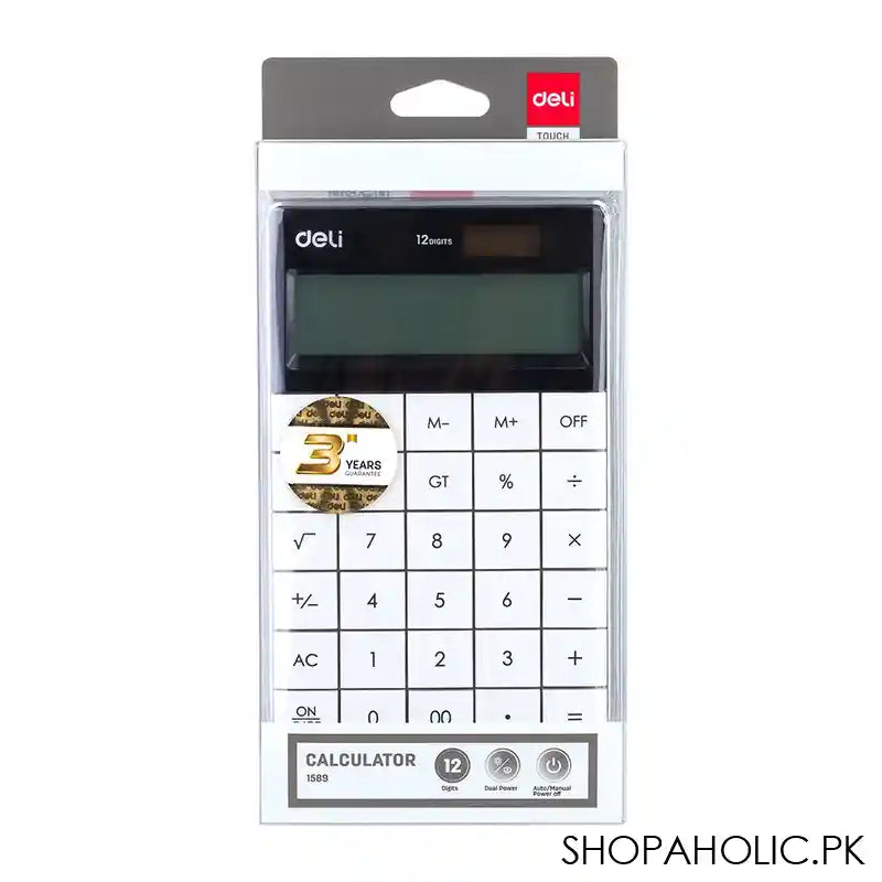 Deli Touch Series Acrylic Keys 12-Digits Desktop Calculator, White, E1589 - Image 3
