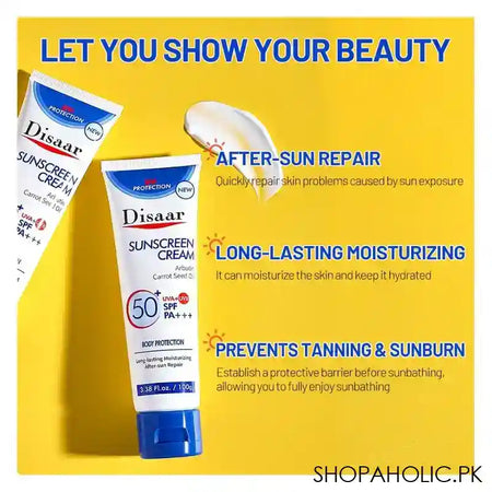 Disaar Arbutin Carrot Seed Oil Sunscreen Cream SPF50+, 100g - Image 3