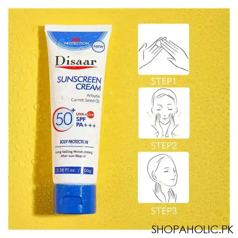 Disaar Arbutin Carrot Seed Oil Sunscreen Cream SPF50+, 100g - Image 5