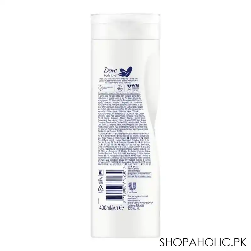 dove body love restoring care body lotion, for dry skin, with coconut oil & almond milk, 400ml image2
