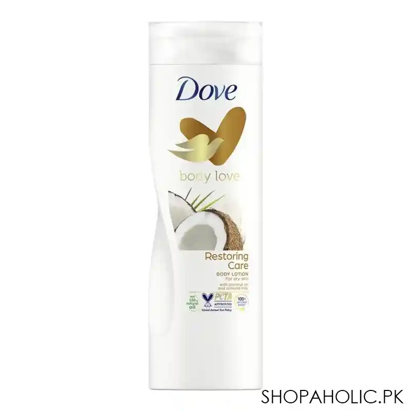 dove body love restoring care body lotion, for dry skin, with coconut oil & almond milk, 400ml main image