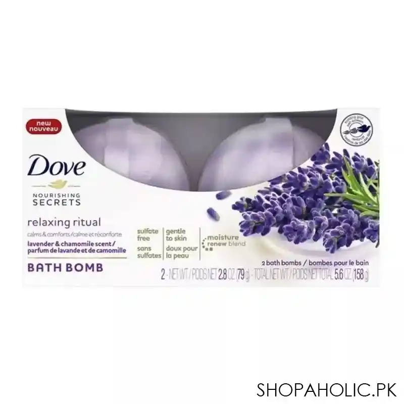dove nourishing secrets relaxing ritual lavender & chamomile scent bath bomb, 2 pack main image
