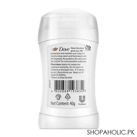 dove sensitive fragrance free anti perspirant deodorant stick, 40g image2