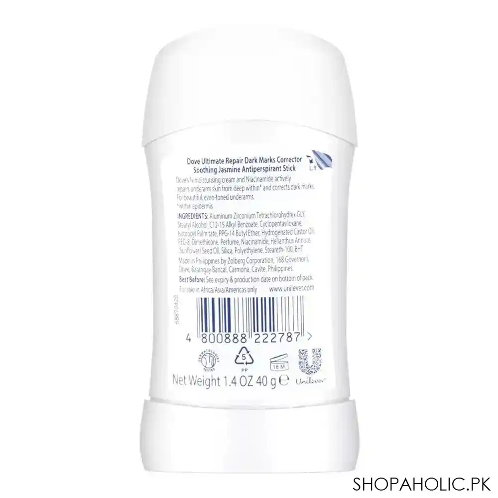 dove ultimate repair dark marks corrector soothing jasmine anti perspirant deodorant stick, for women, 40g image2