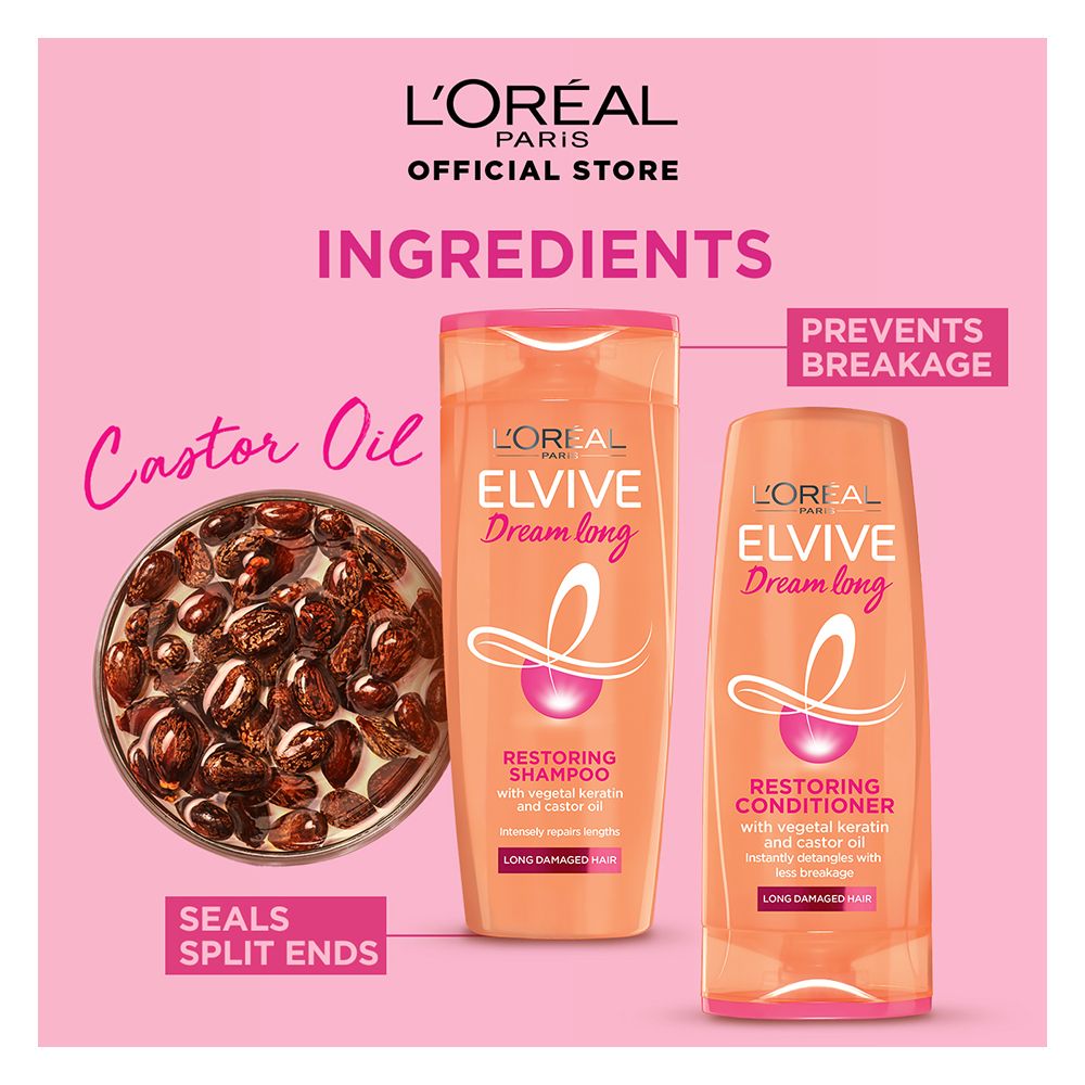 L'Oreal Dream Long Restoring Shampoo, 360ml - Repairs Weakened Hair With Castor Oil & Vitamins - Image 5