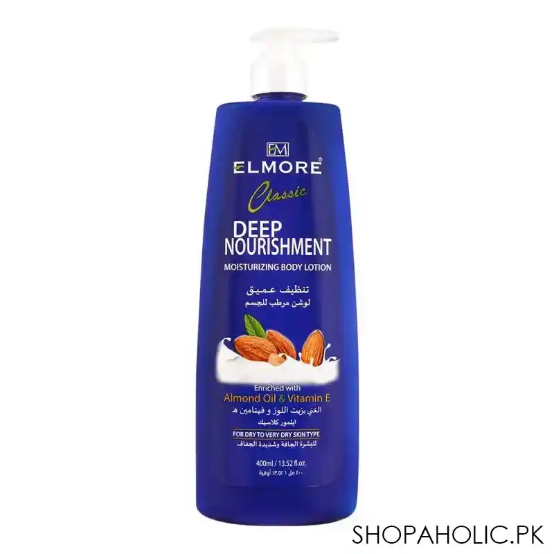 elmore classic almond oil & vitamin e deep nourishment body lotion, for dry to very dry skin type, 400ml main image