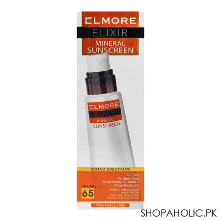 Elmore Elixir Mineral Sunscreen With Vitamin-C, Broad Spectrum, SPF-65, PA+++, Oil & Paraben Free, Water Resistant, 100ml - Main Image